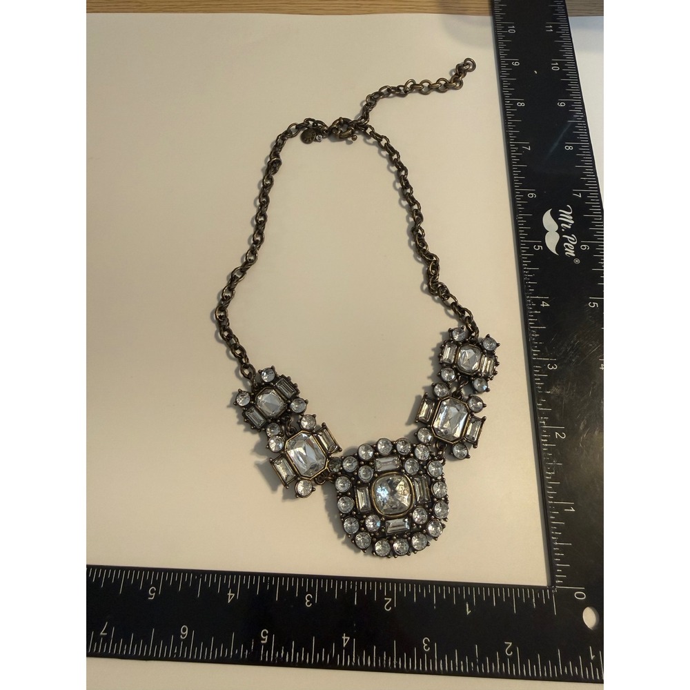 J.Crew‎ Crystal Statement Necklace Antique Brass Tone Clear Medallion Choker